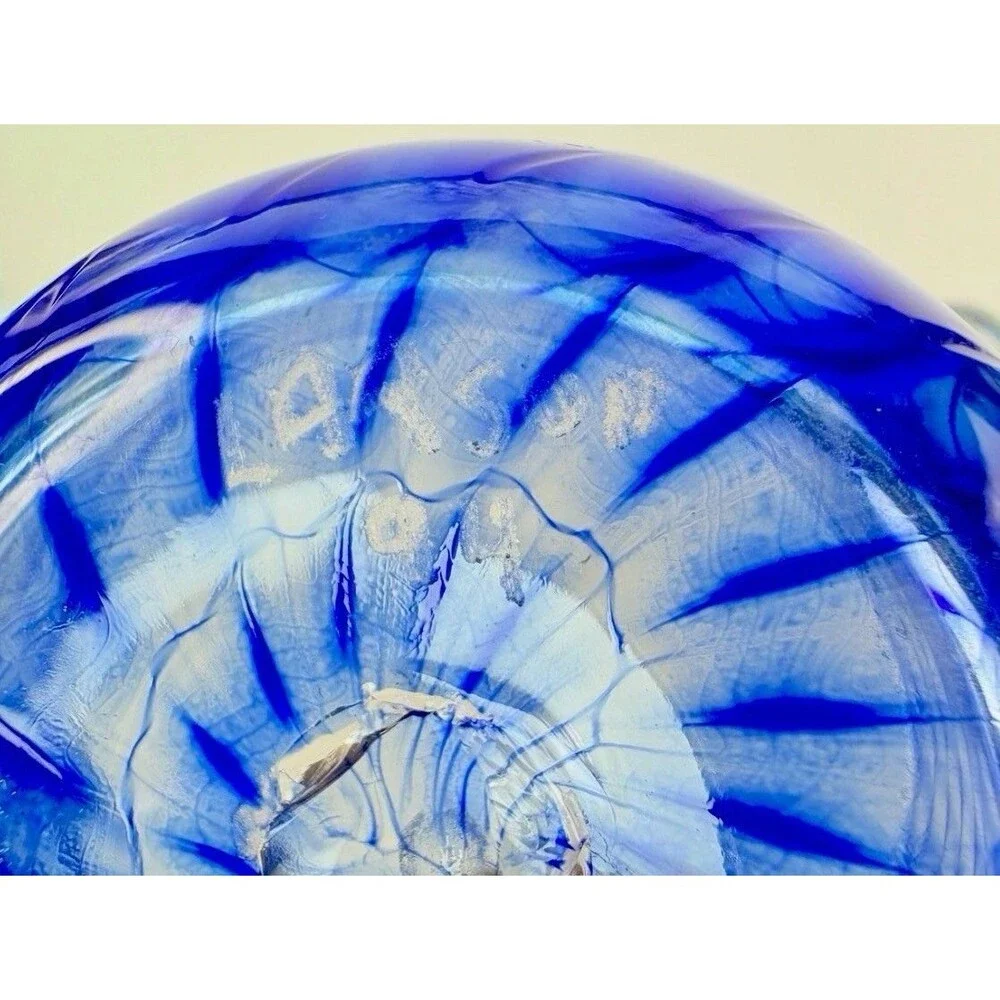 Signed Arnold Larson 2004 Studio Art Glass Basket Blue Swirl 8.5